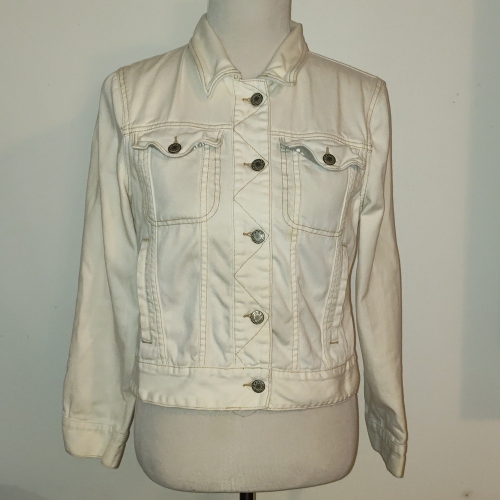 Free People Size M Cream Beige Long Sleeve Button Up Denim Jacket